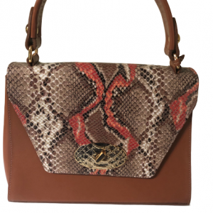 Brown Top Handle with Snakeskin-print Flap